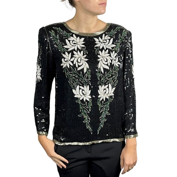 VINTAGE 80s SILK SEQUIN BEADED HOLIDAY EVENING BLOUSE TOP JEAN FOR JOSEPH LE BON - Picture 1 of 16